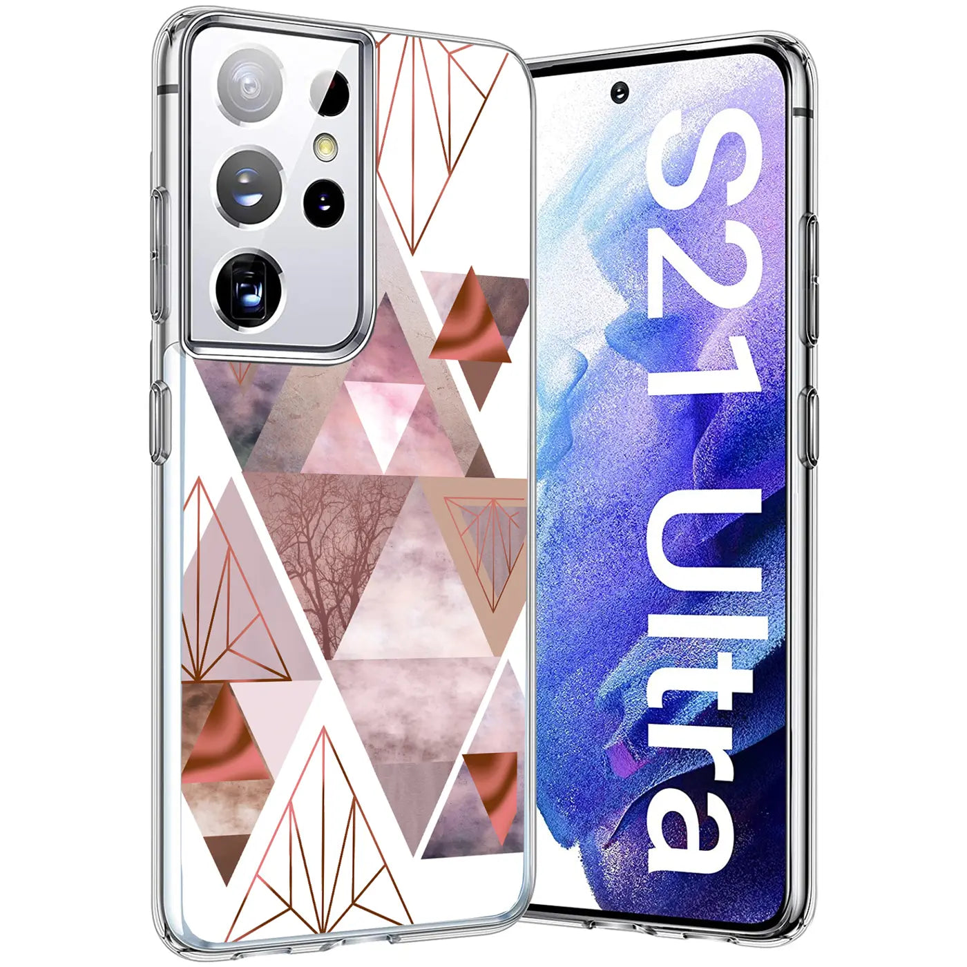 Samsung S21 Ultra mit transparenter TPU-Hülle, geometrisches Muster, Vorder- und Rückansicht