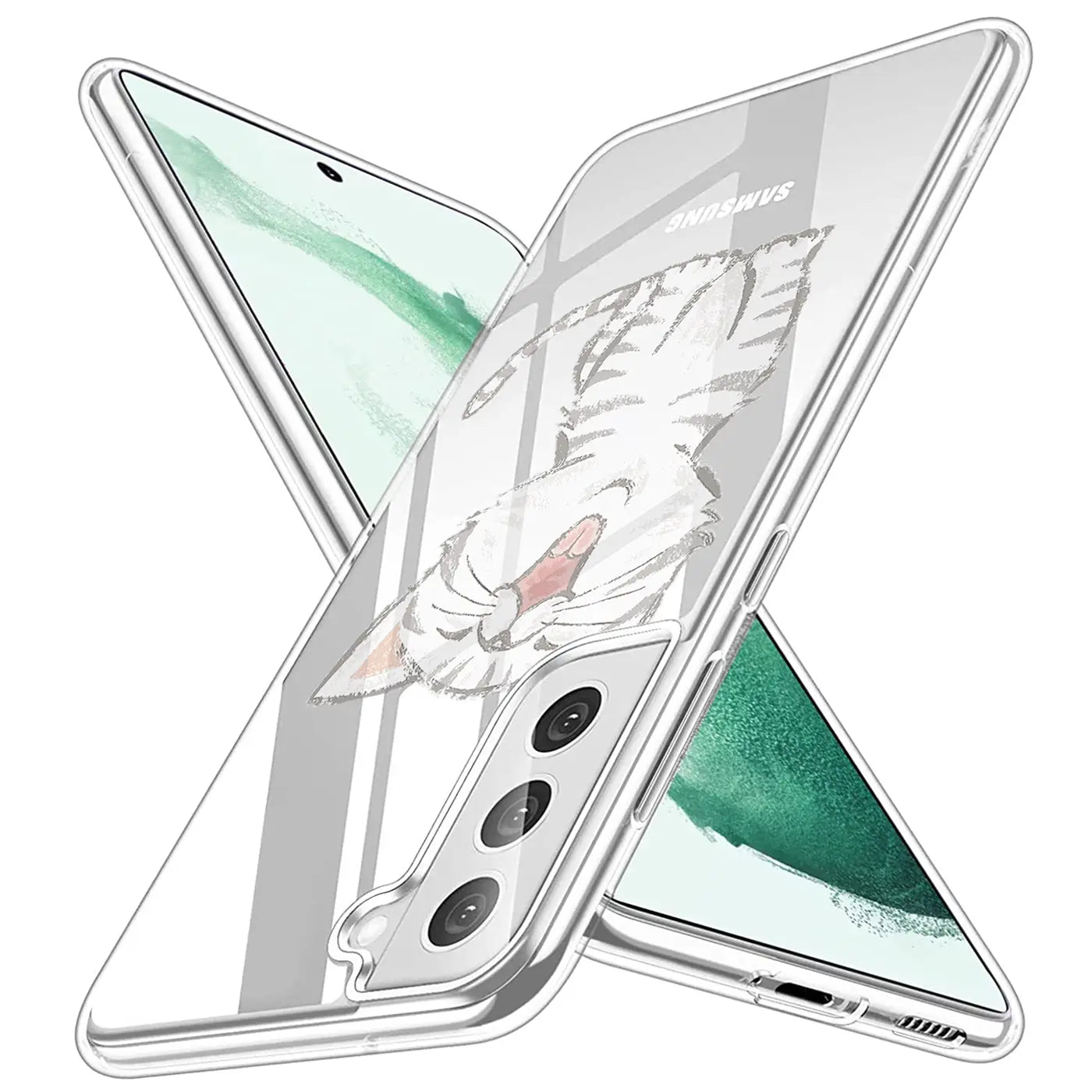 Transparente TPU-Hülle mit Katzenmotiv auf Samsung Galaxy S22, schräg von vorne