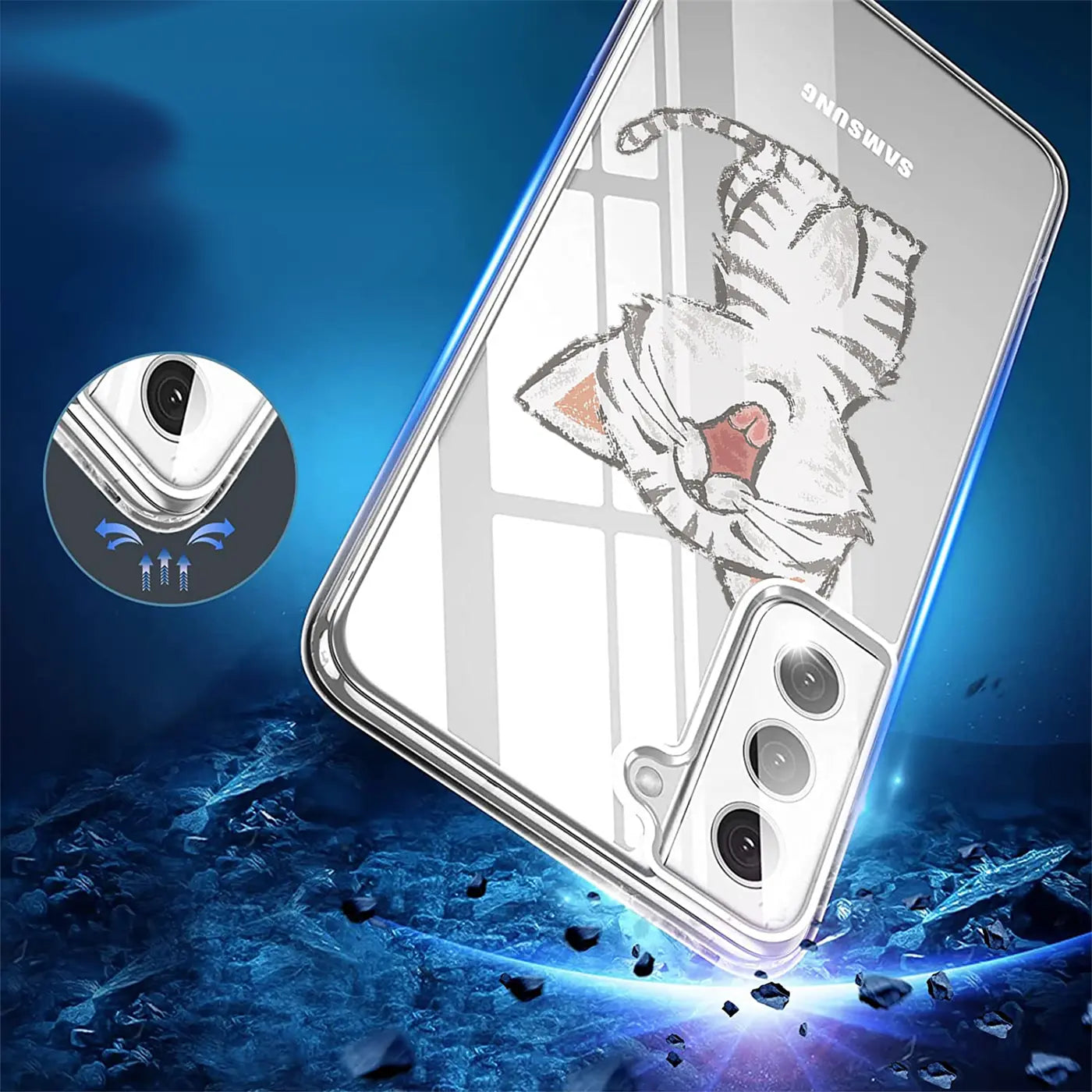 Transparente TPU-Hülle mit Tiger-Motiv auf Samsung Galaxy S22, von schräg unten.