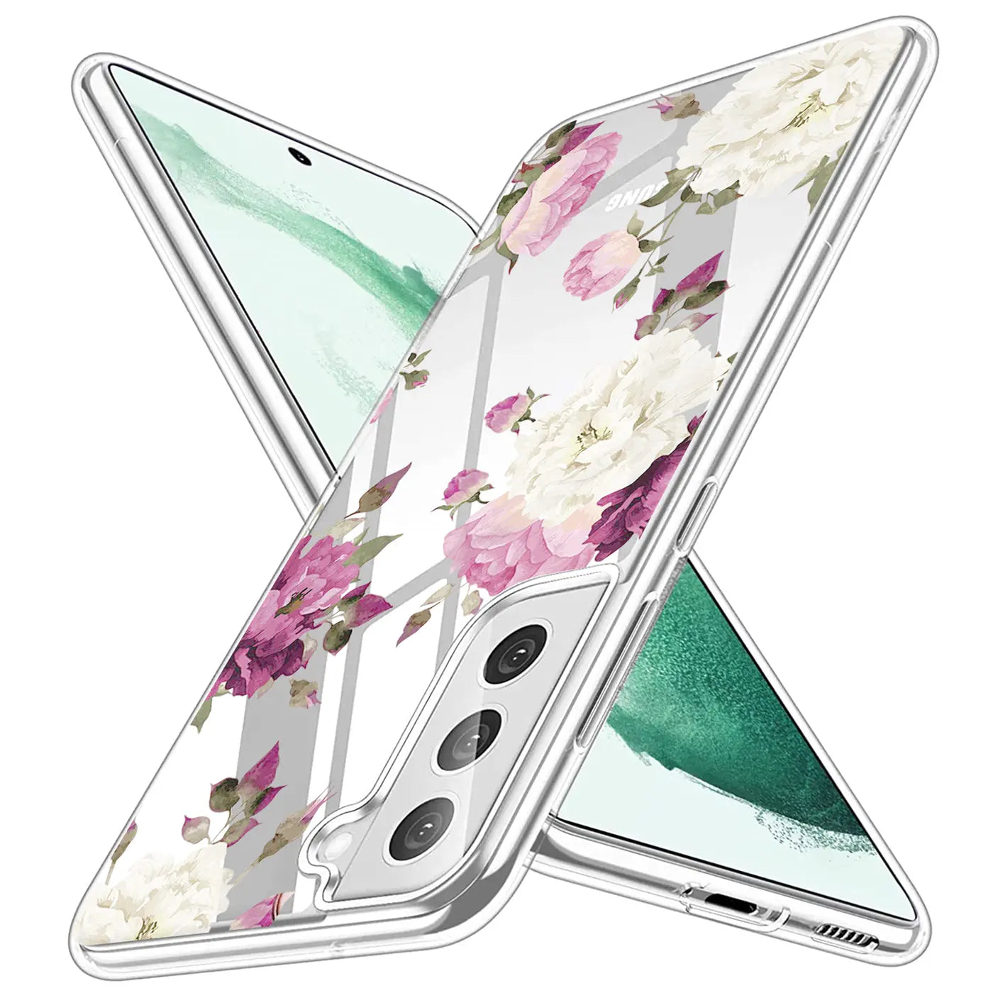 Transparente TPU-Hülle mit Blumenmuster für Samsung Galaxy S22, Seitenansicht.