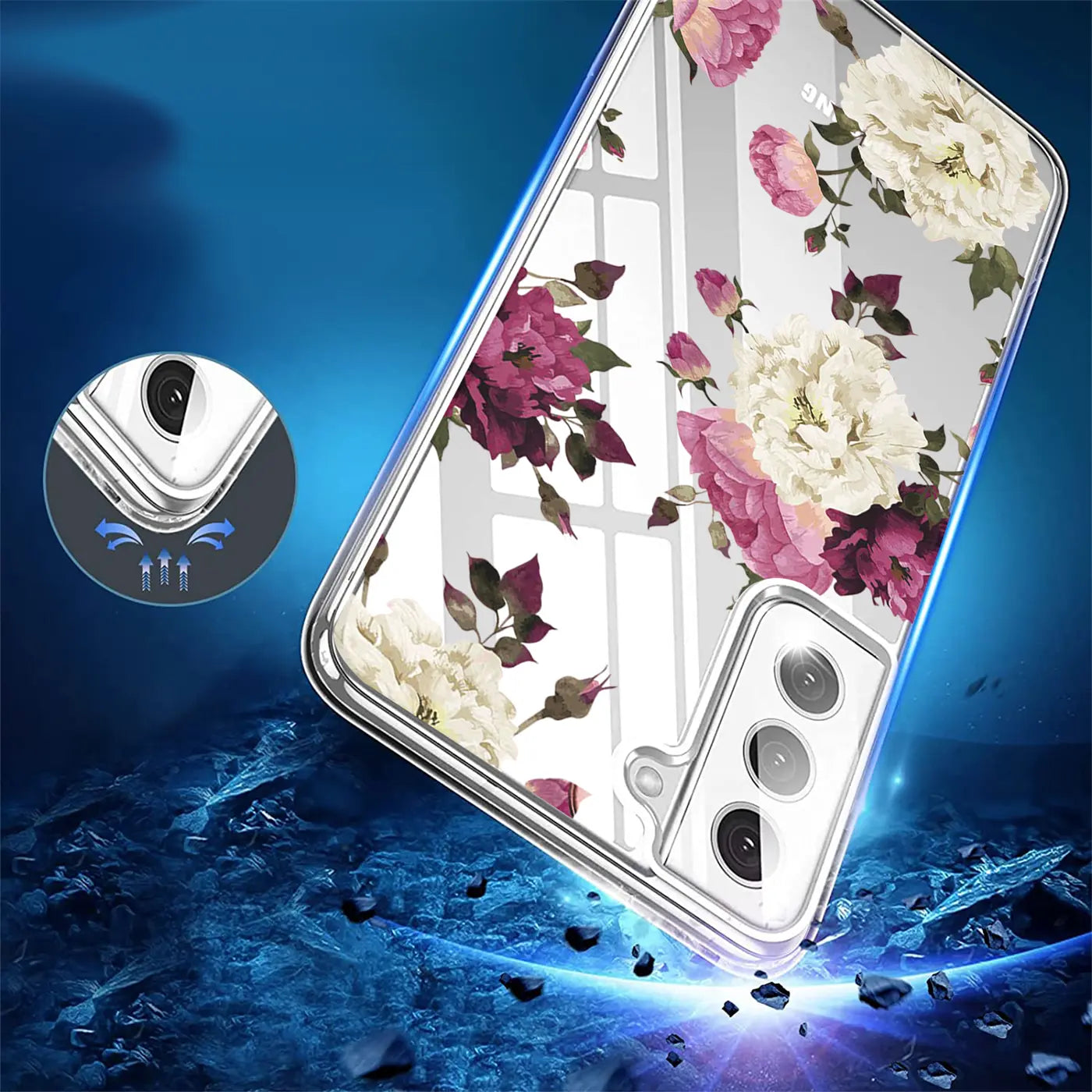 Samsung S22 Hülle, transparentes TPU, Blumenmuster, von schräg oben