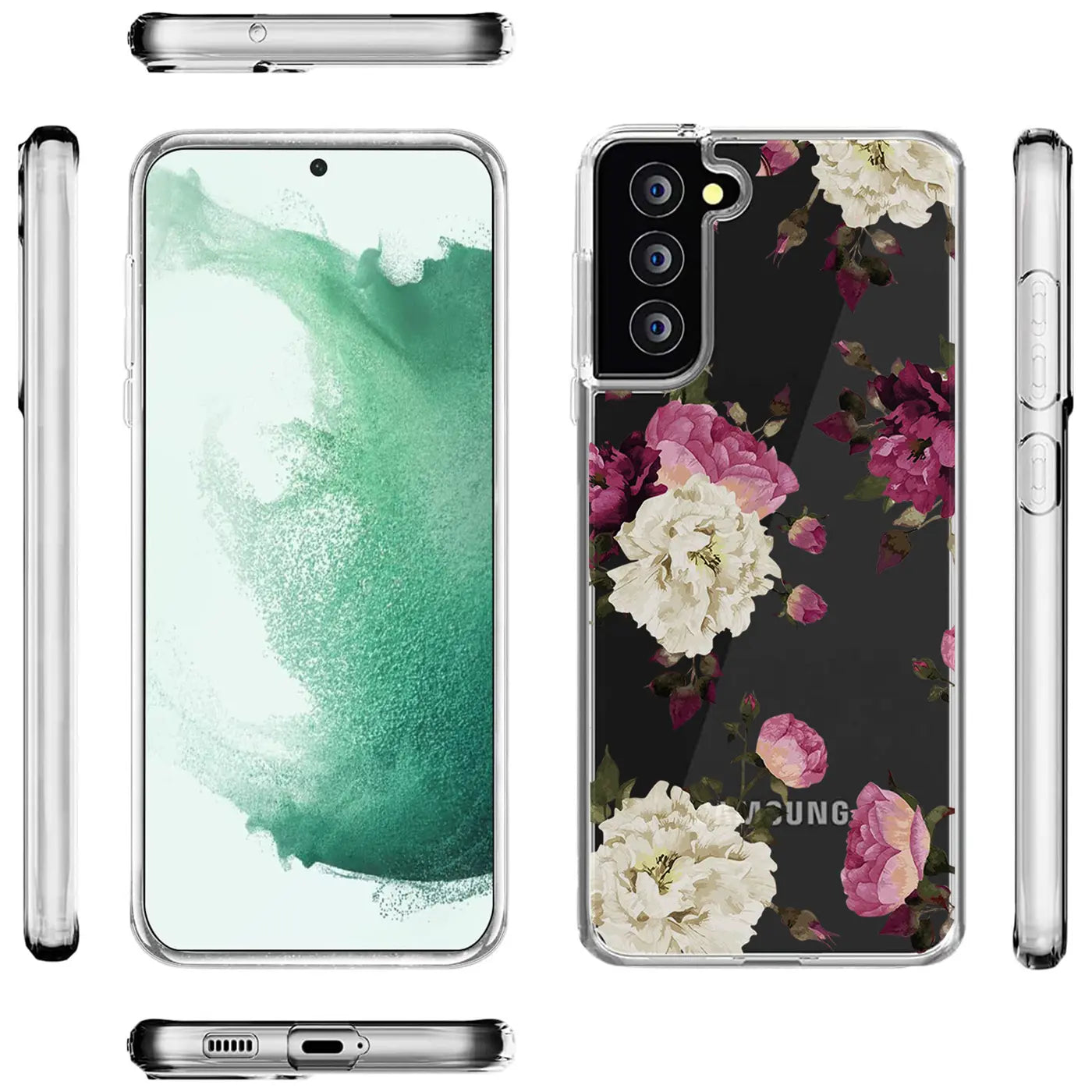 Samsung S22 Hülle, transparentes TPU, Blumenmuster, verschiedene Ansichten