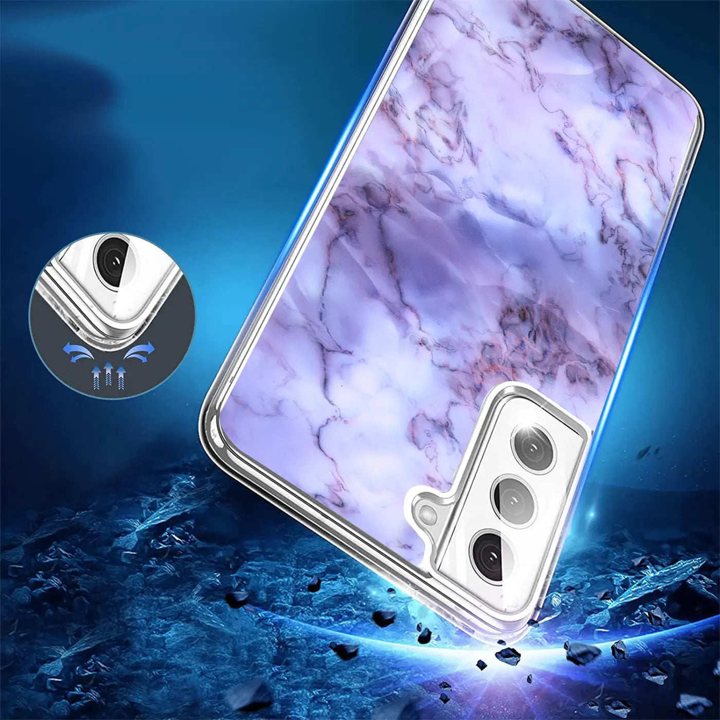 Lila Marmor TPU Hülle, schräg von oben, Samsung S22 mit Kamera