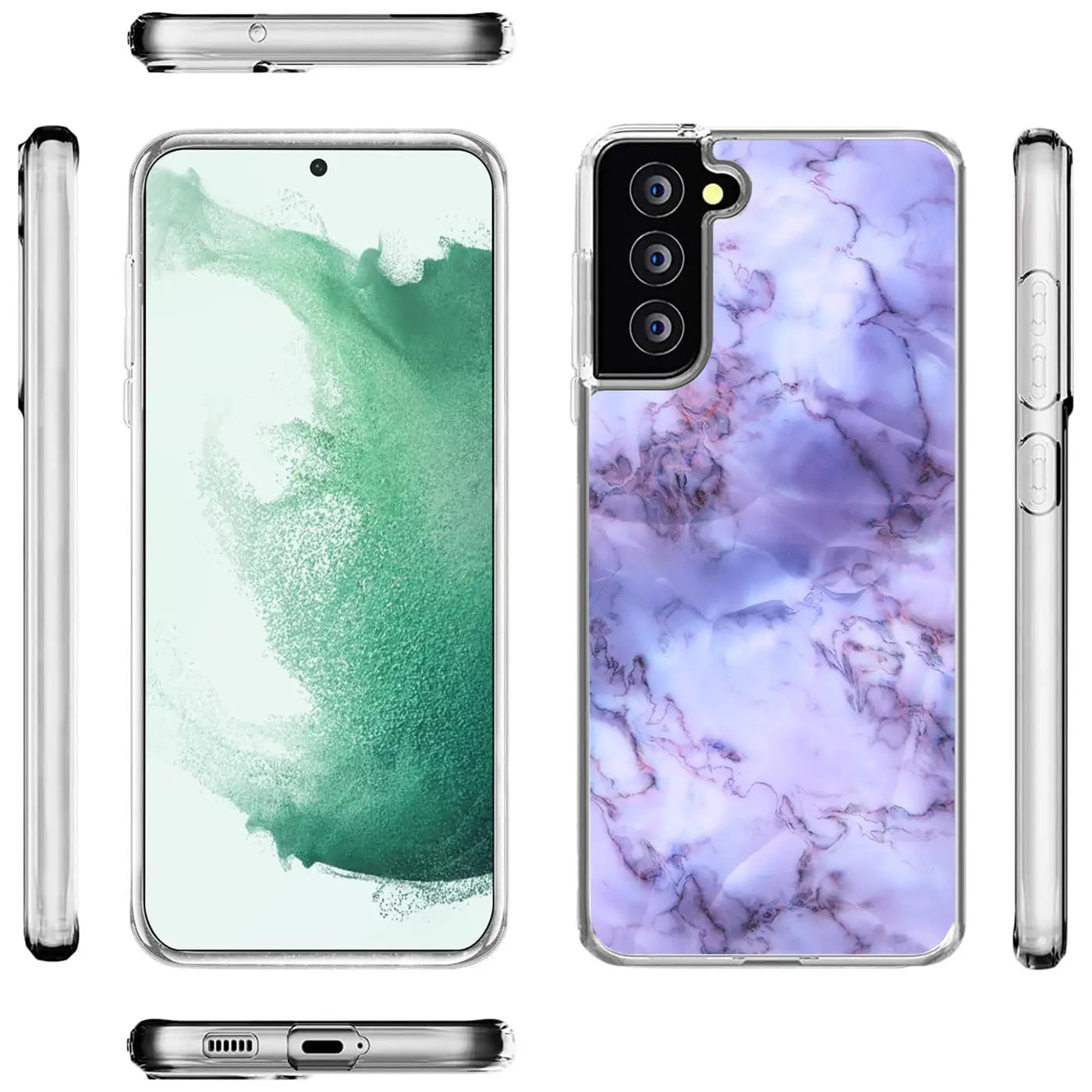 Samsung S22 Hülle, lila Marmormuster, TPU, verschiedene Ansichten