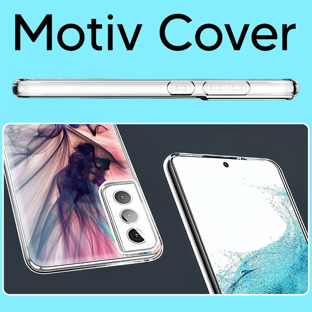 Transparente TPU-Hülle mit Motivdruck auf Samsung S22 Plus, Rückseite und Seitenansicht.