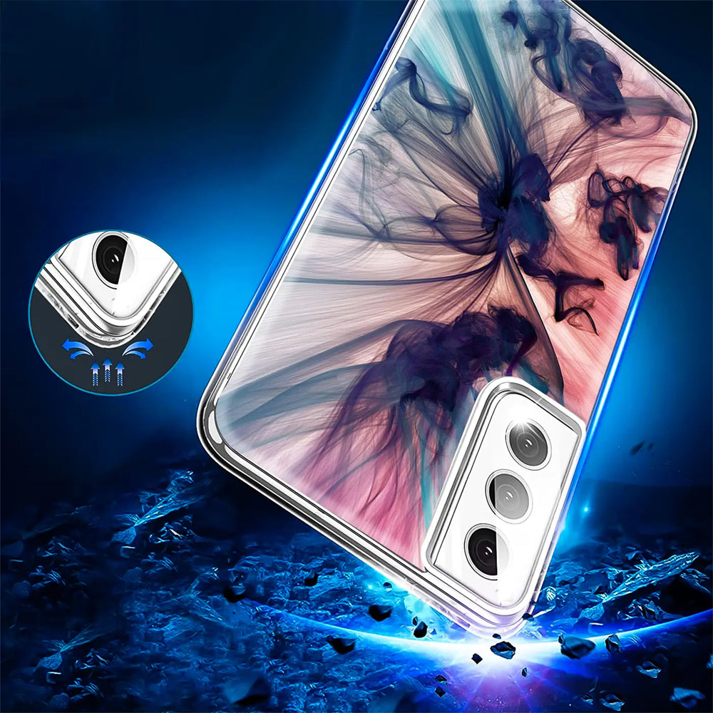 Samsung S22 Plus Hülle aus TPU mit Rauchmotiv, von oben rechts gesehen.