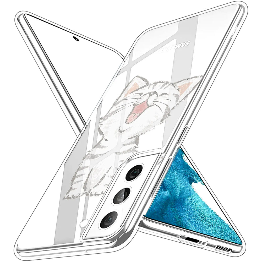 Transparente TPU-Hülle mit Katzenmotiv für Samsung Galaxy S22 Plus, von vorne schräg