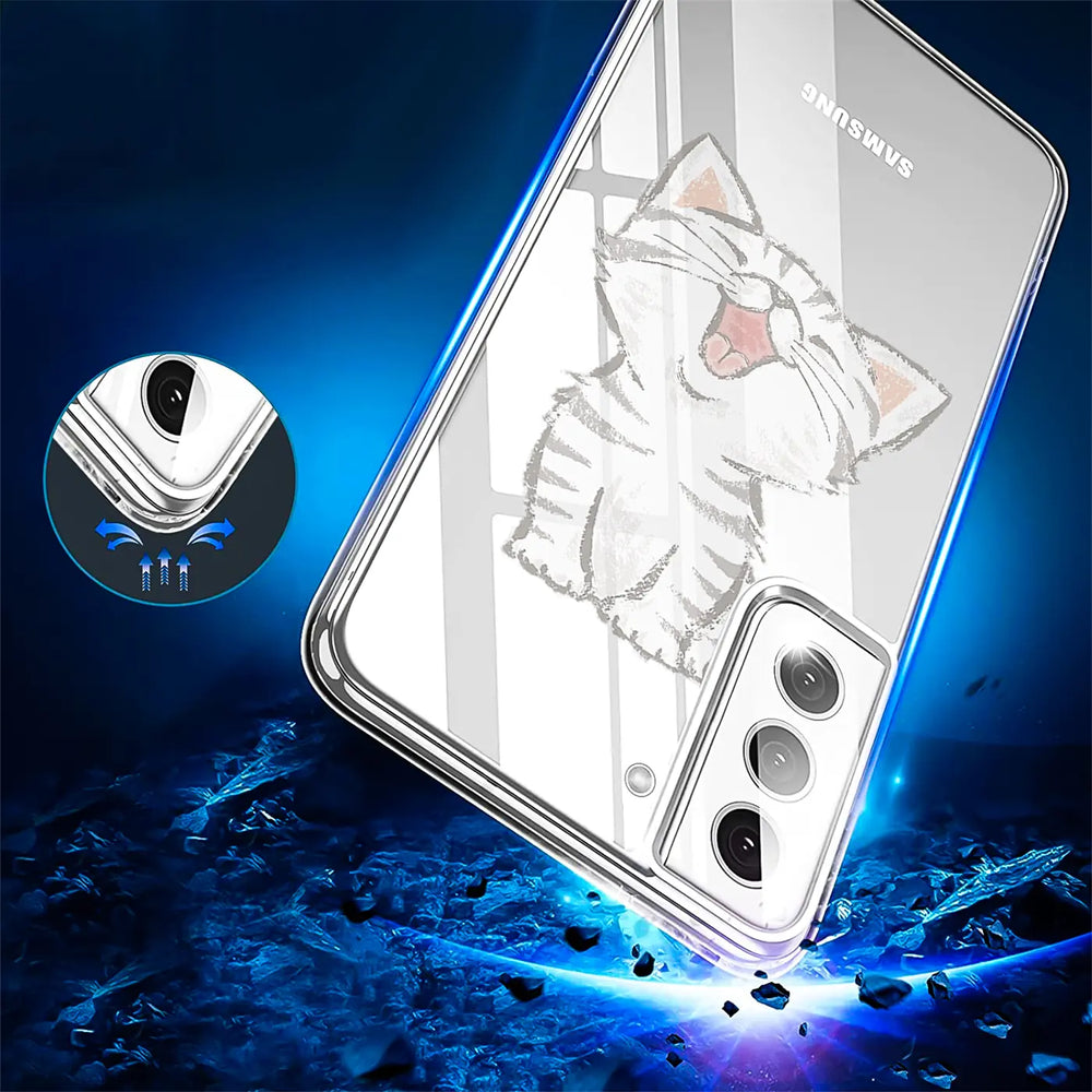 Transparente TPU-Hülle mit Katzenmotiv auf Samsung Galaxy S22 Plus, von oben schräg