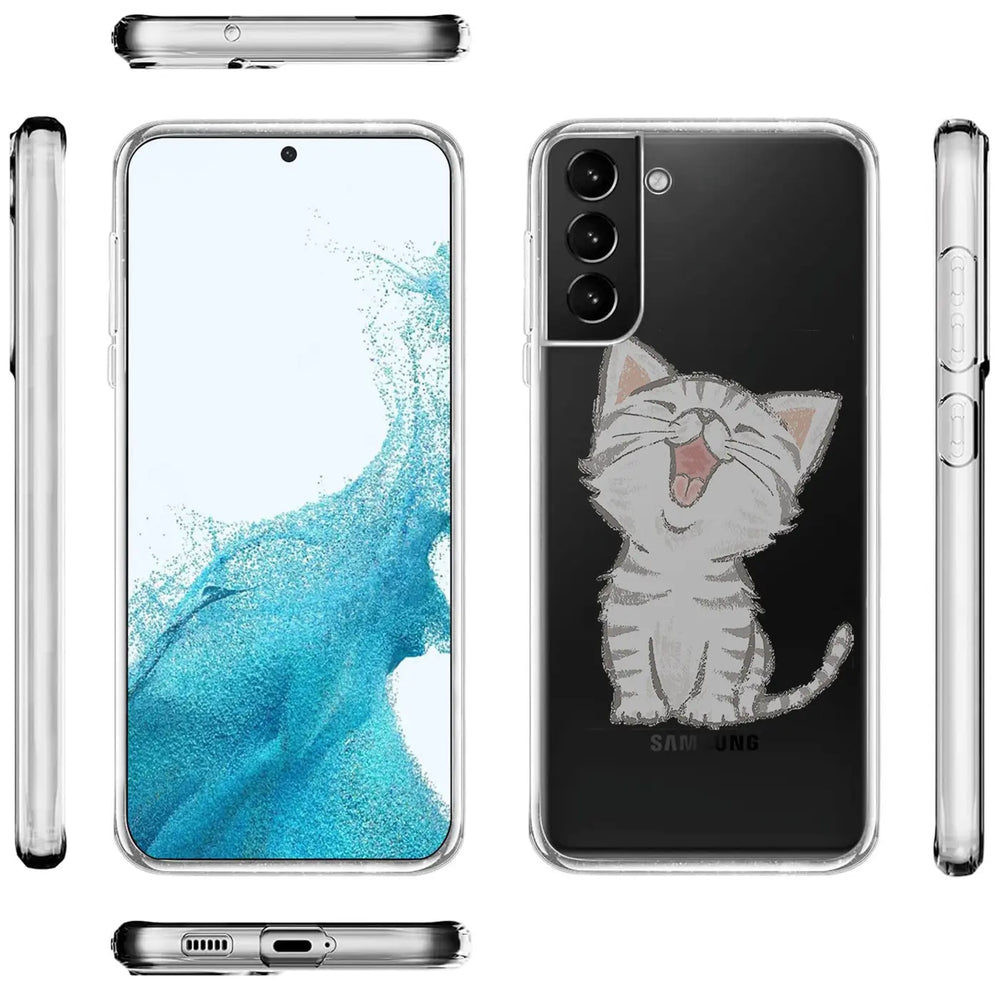 Samsung Galaxy S22 Plus Hülle, transparentes TPU, Motiv: Katze, verschiedene Ansichten.