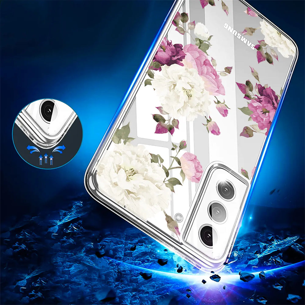 Samsung Galaxy S22 Plus Hülle, transparentes TPU mit Blumenmuster, von oben links fotografiert.