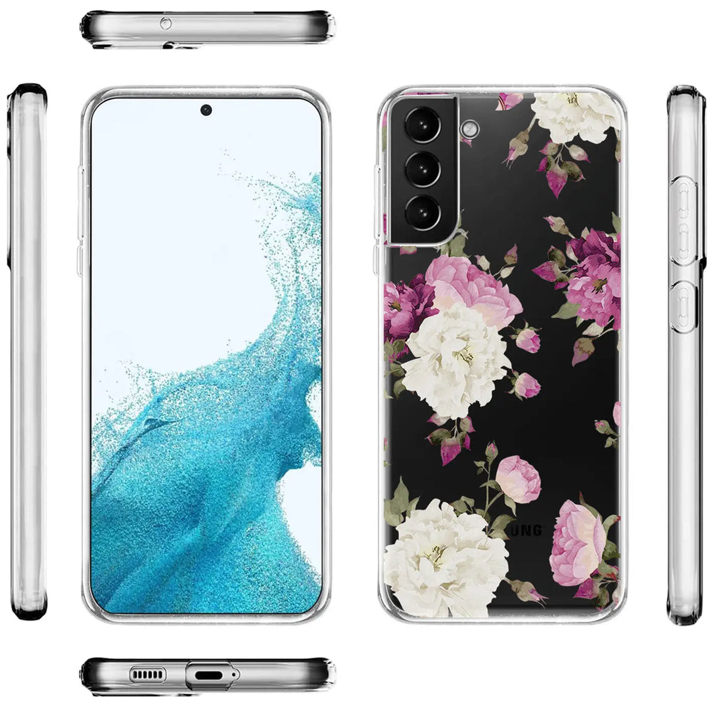 Samsung Galaxy S22 Plus Hülle, transparent, TPU, Blumenmuster, verschiedene Ansichten