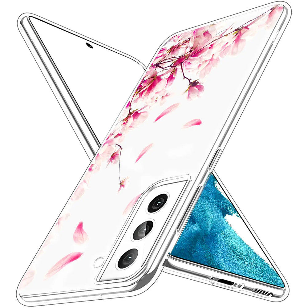 Transparente TPU-Hülle mit rosa Kirschblütenmotiv für Samsung Galaxy S22 Plus, von schräg oben