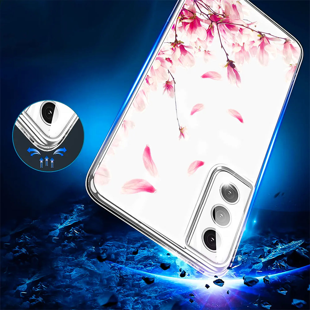 Transparente TPU-Hülle mit rosa Blütenmuster für Samsung Galaxy S22 Plus, von schräg unten