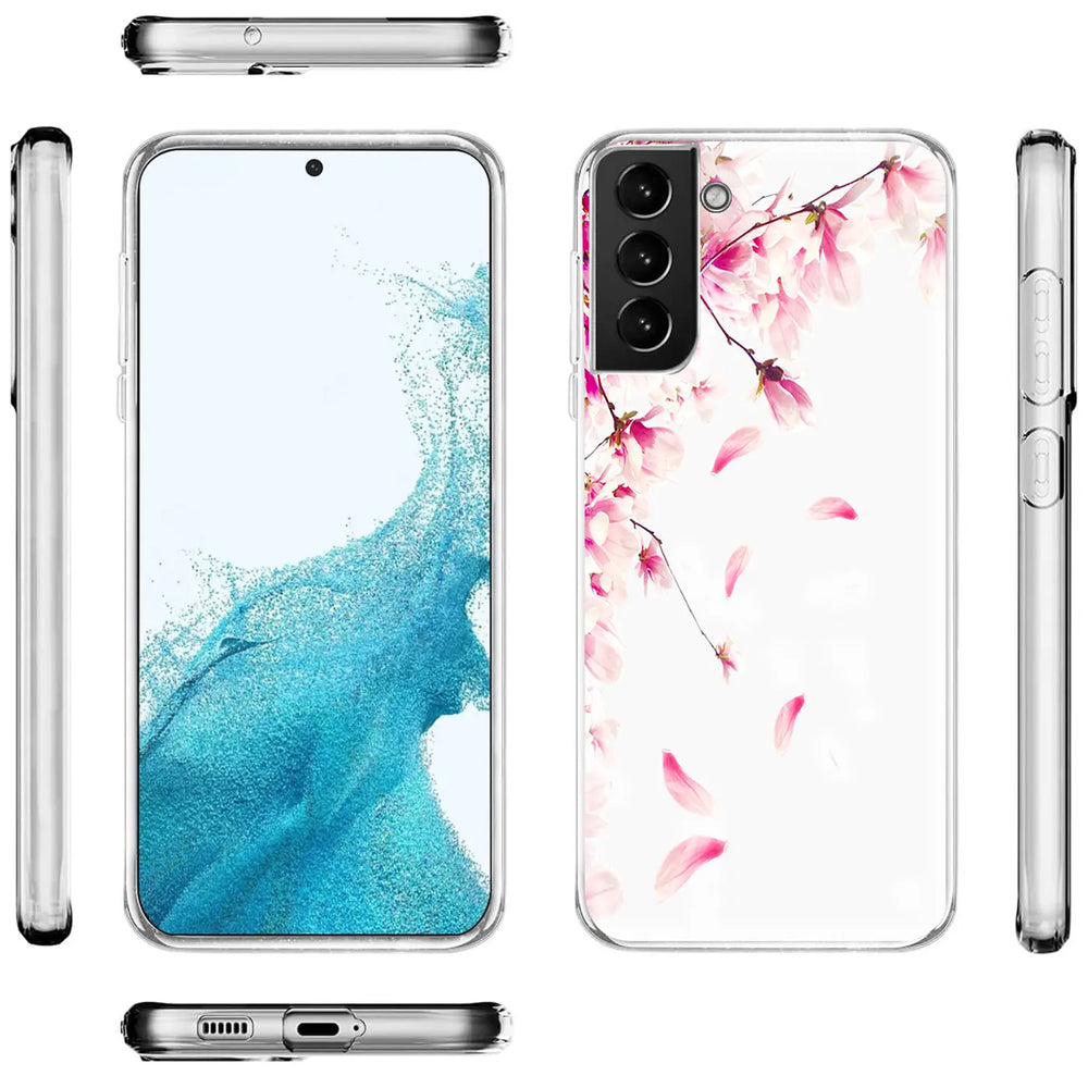 Samsung S22 Plus Hülle, transparentes TPU, Blütenmotiv, Vorder-/Seitenansicht