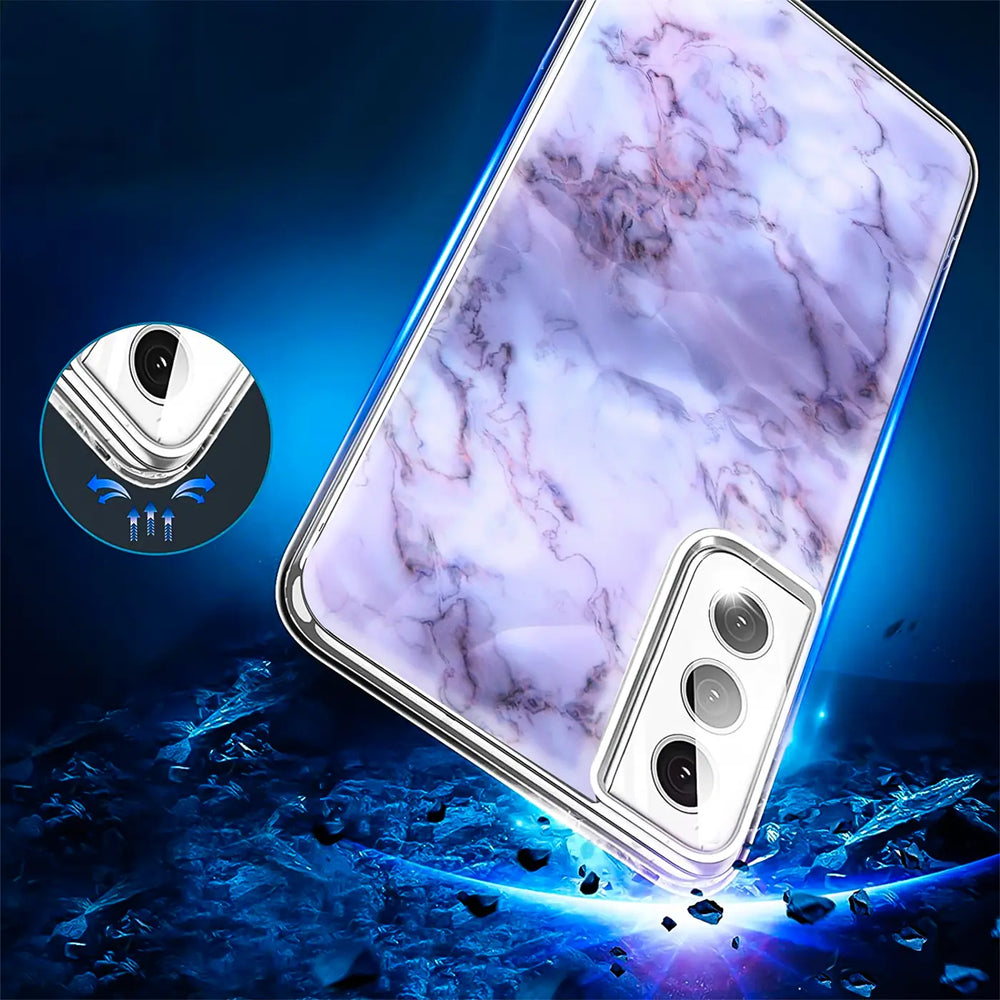 Lila Marmor TPU Hülle, schräg von oben, Samsung S22 Plus Kamera