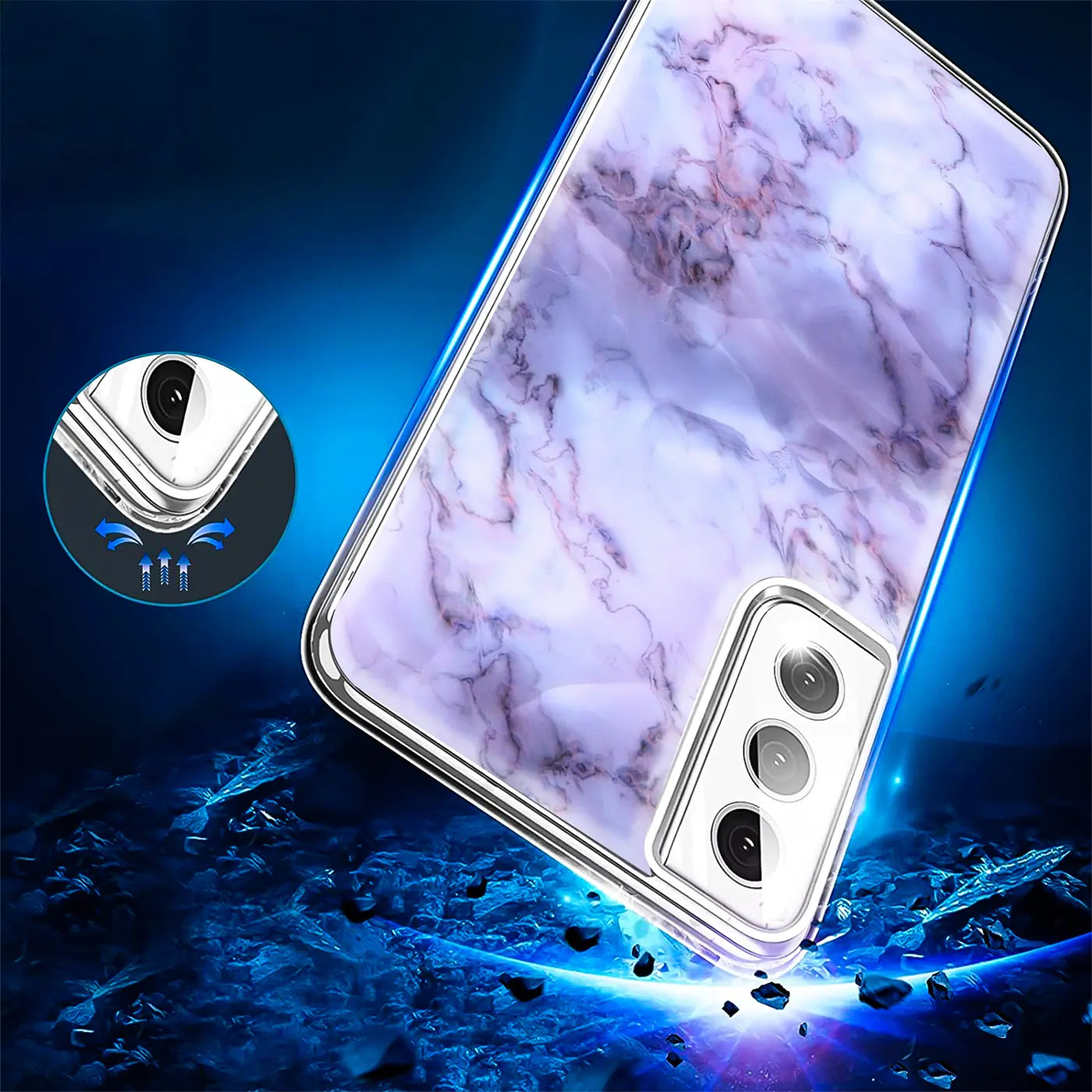 Lila Marmor TPU Hülle, schräg von oben, Samsung S22 Plus Kamera