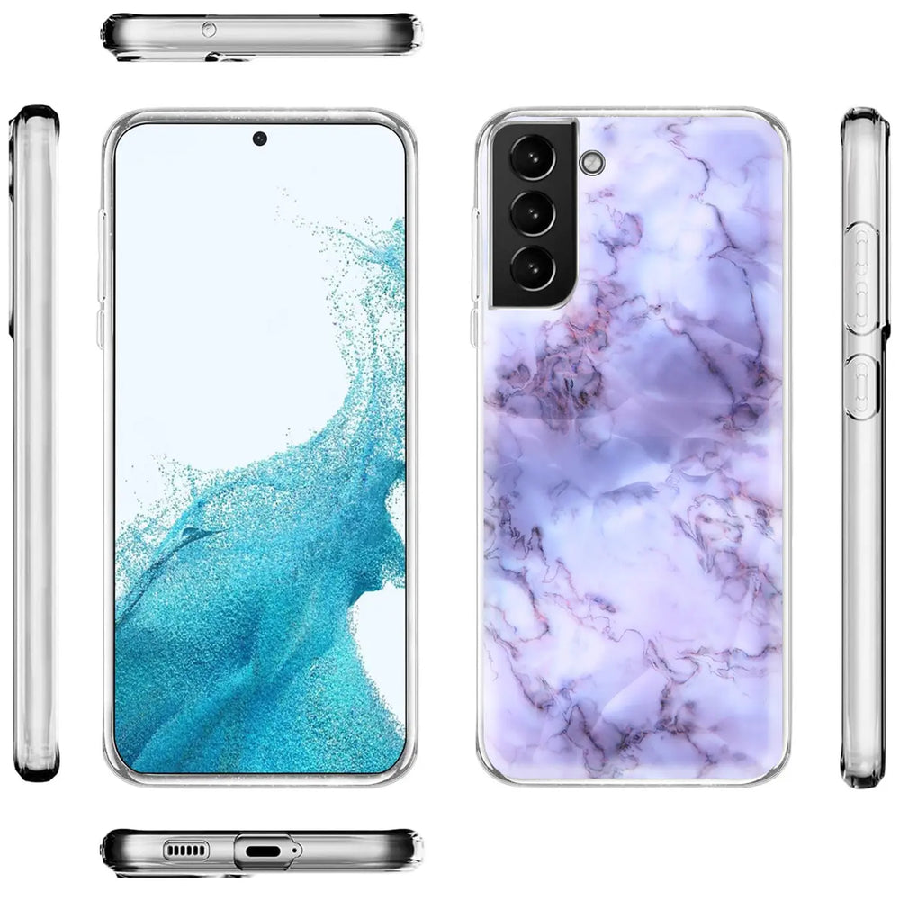 Samsung S22 Plus Hülle, TPU, lila Marmormuster, Vorder-/Seitenansicht, Rückseite mit Kamera