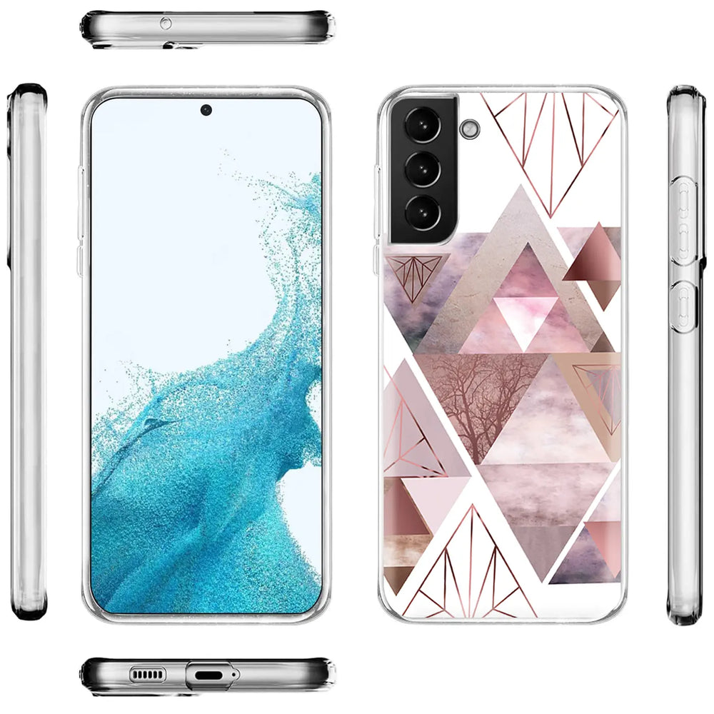 Samsung S22 Plus Hülle, transparentes TPU, geometrisches Muster, rosa/grau, Vorder- und Rückansicht