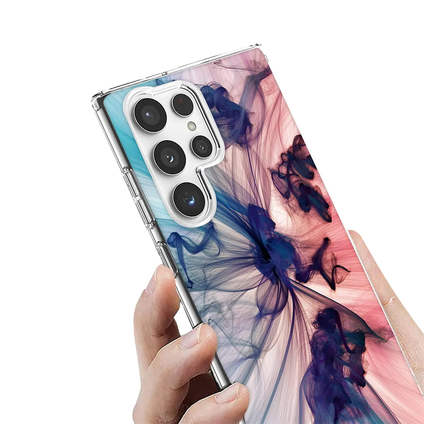 Samsung S22 Ultra Hülle aus TPU mit blau-pinkem Rauchmuster, von schräg oben gezeigt.