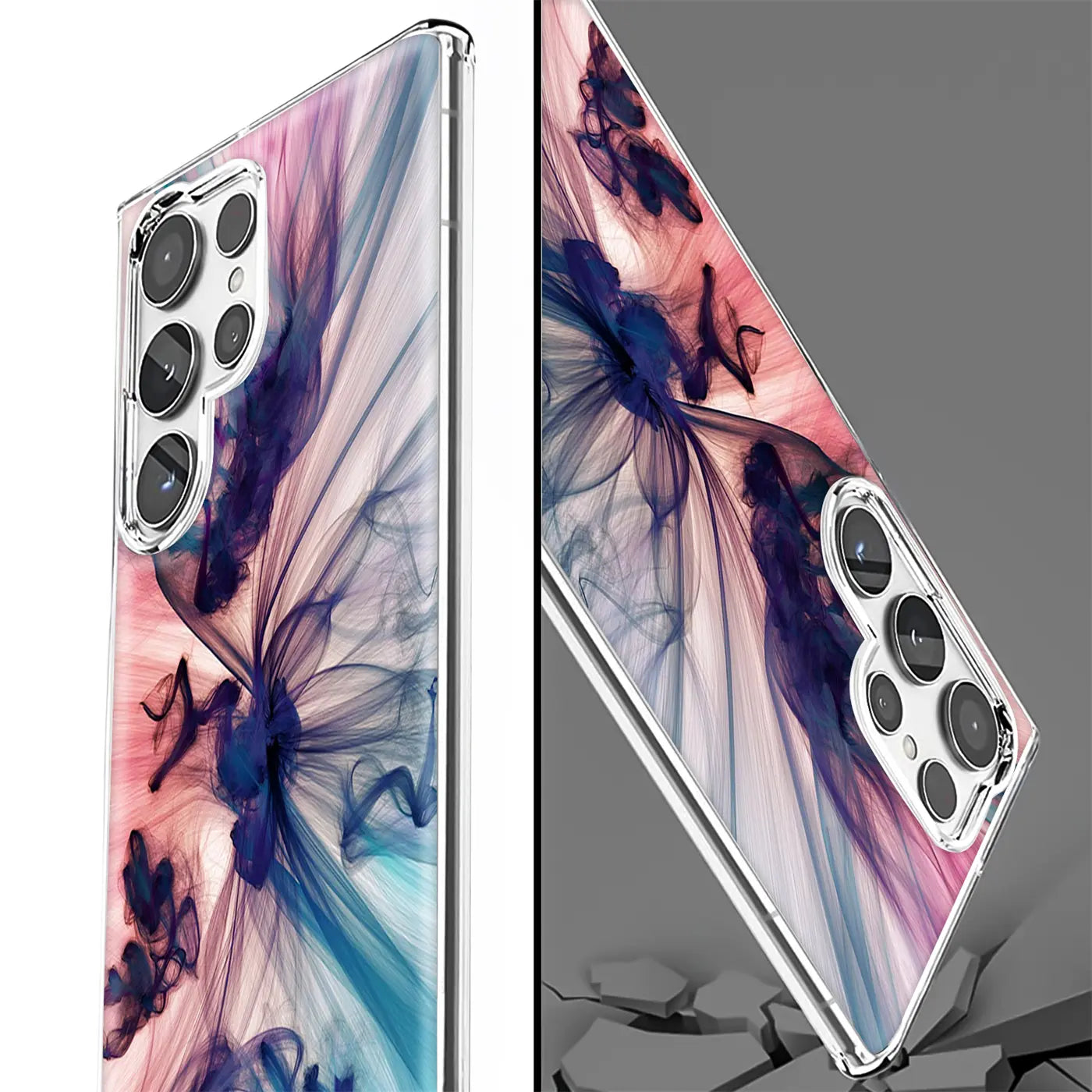 Samsung S22 Ultra Hülle, TPU, lila/blaues Rauchmotiv, Seitenansicht