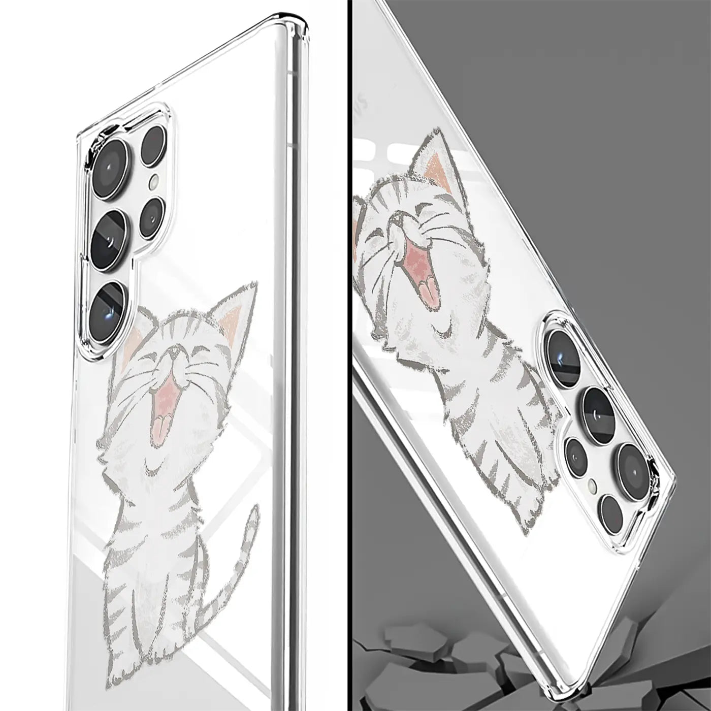Transparente TPU-Hülle mit Katzenmotiv für Samsung Galaxy S22 Ultra, Seitenansicht.
