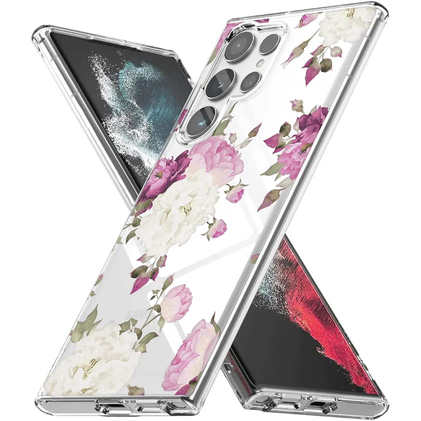 Transparente TPU-Hülle mit Blumenmuster für Samsung S22 Ultra, von schräg oben