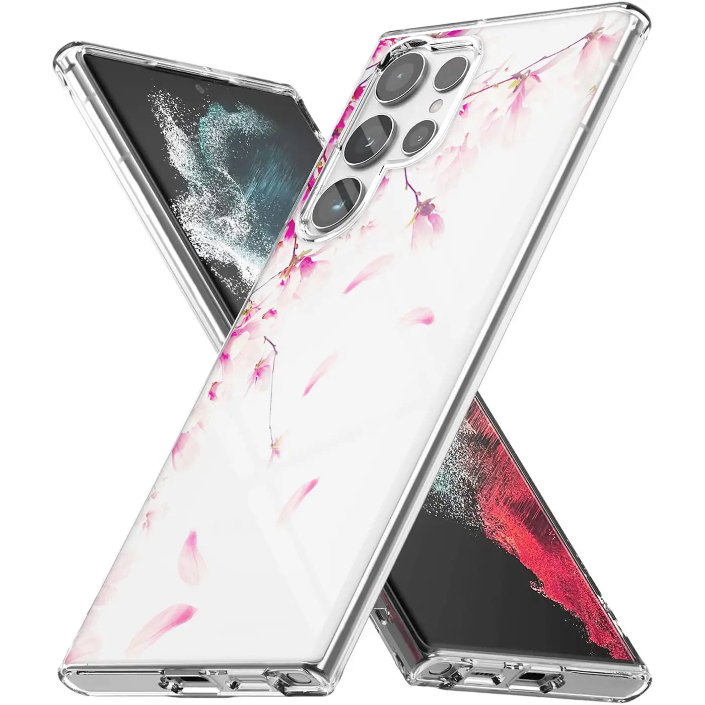 Transparente TPU-Hülle mit rosa Blütenmotiv auf Samsung S22 Ultra, von schräg oben