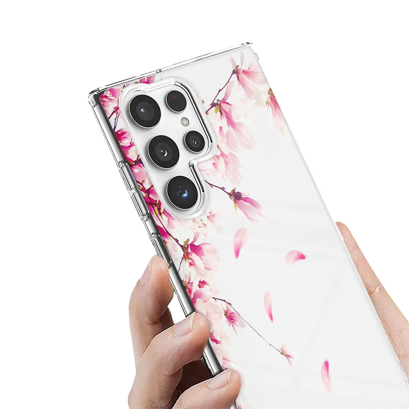 Samsung S22 Ultra Hülle aus transparentem TPU mit rosa Blütenmotiv, von schräg oben gezeigt.