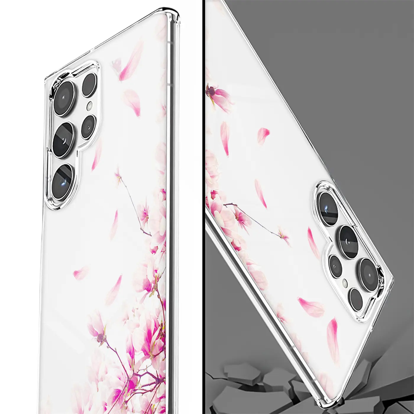 Samsung S22 Ultra Hülle, transparentes TPU, Blumenmotiv, Seitenansicht.