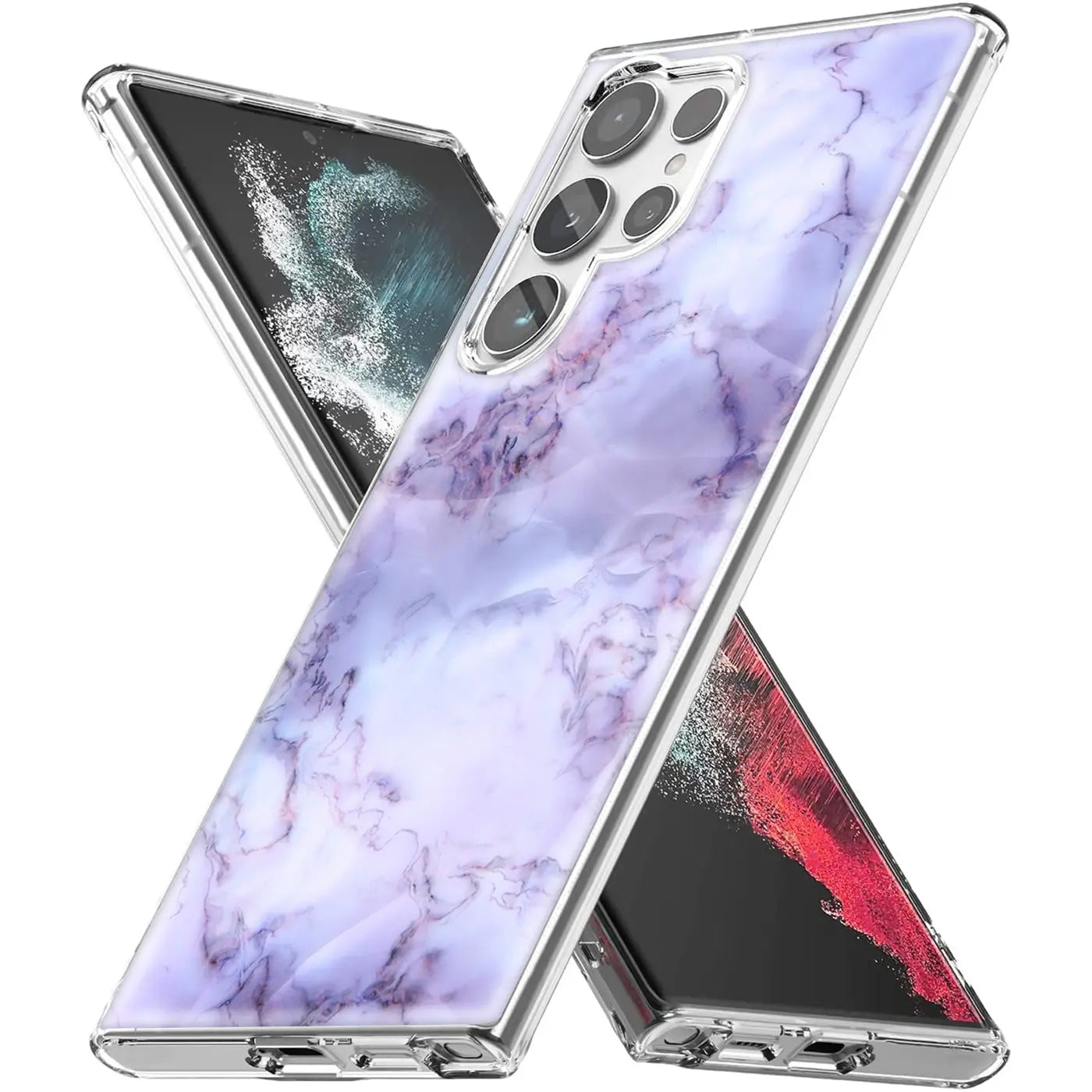Lila Marmor TPU Hülle mit Motivdruck auf Samsung Galaxy S22 Ultra, Seitenansicht.