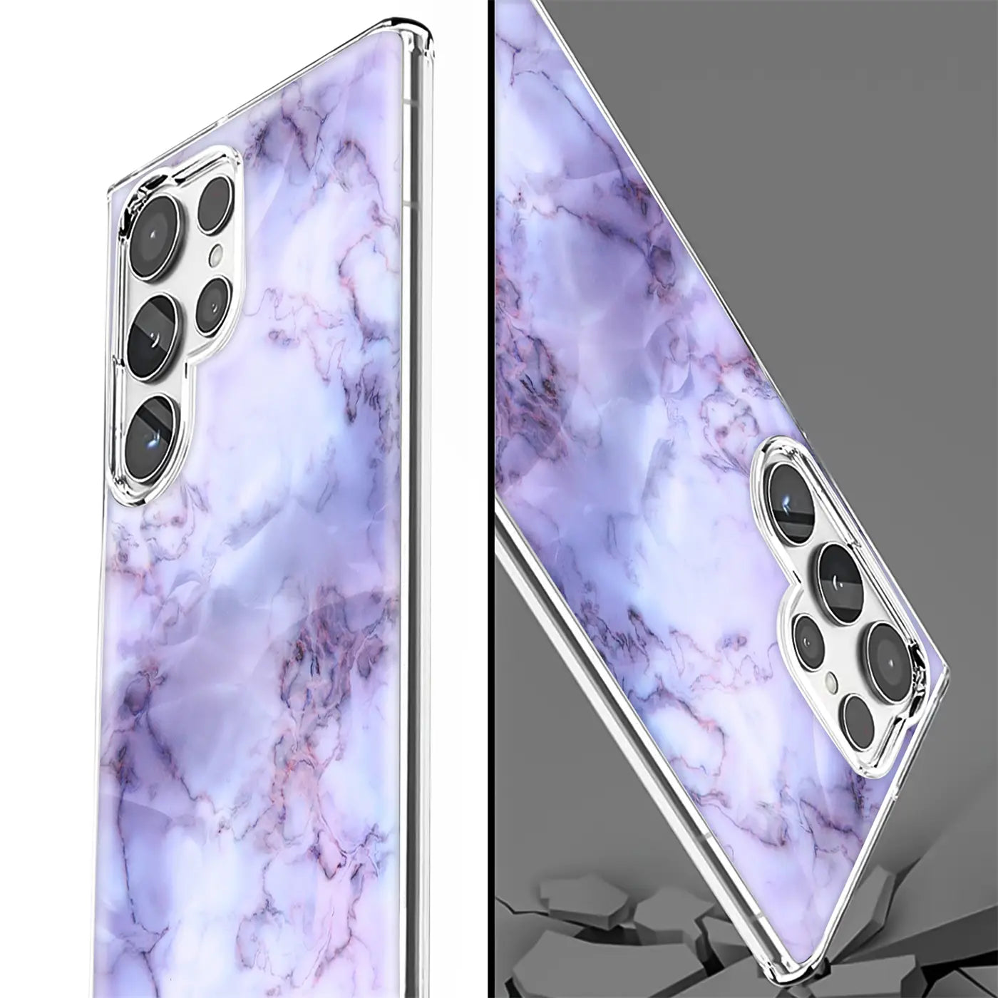 Lila Marmor TPU Hülle für Samsung S22 Ultra, von der Seite und schräg