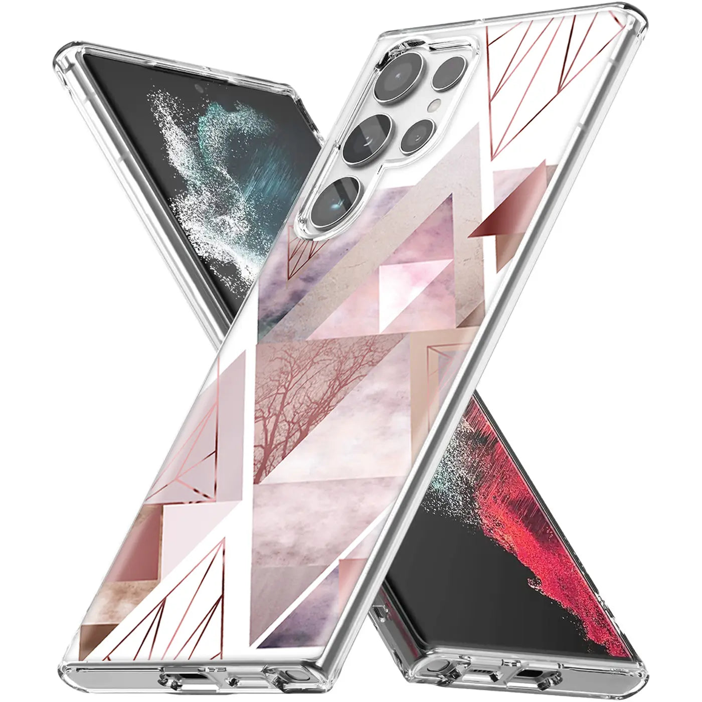 Samsung Galaxy S22 Ultra TPU Hülle, rosa geometrisches Muster, von vorne schräg