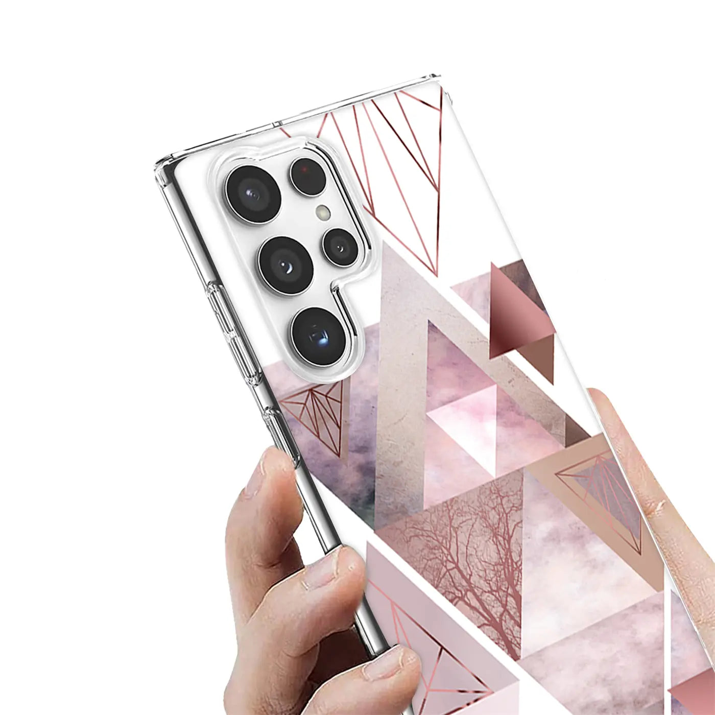 Samsung S22 Ultra TPU Hülle, rosa geometrisches Muster, von vorne links gehalten