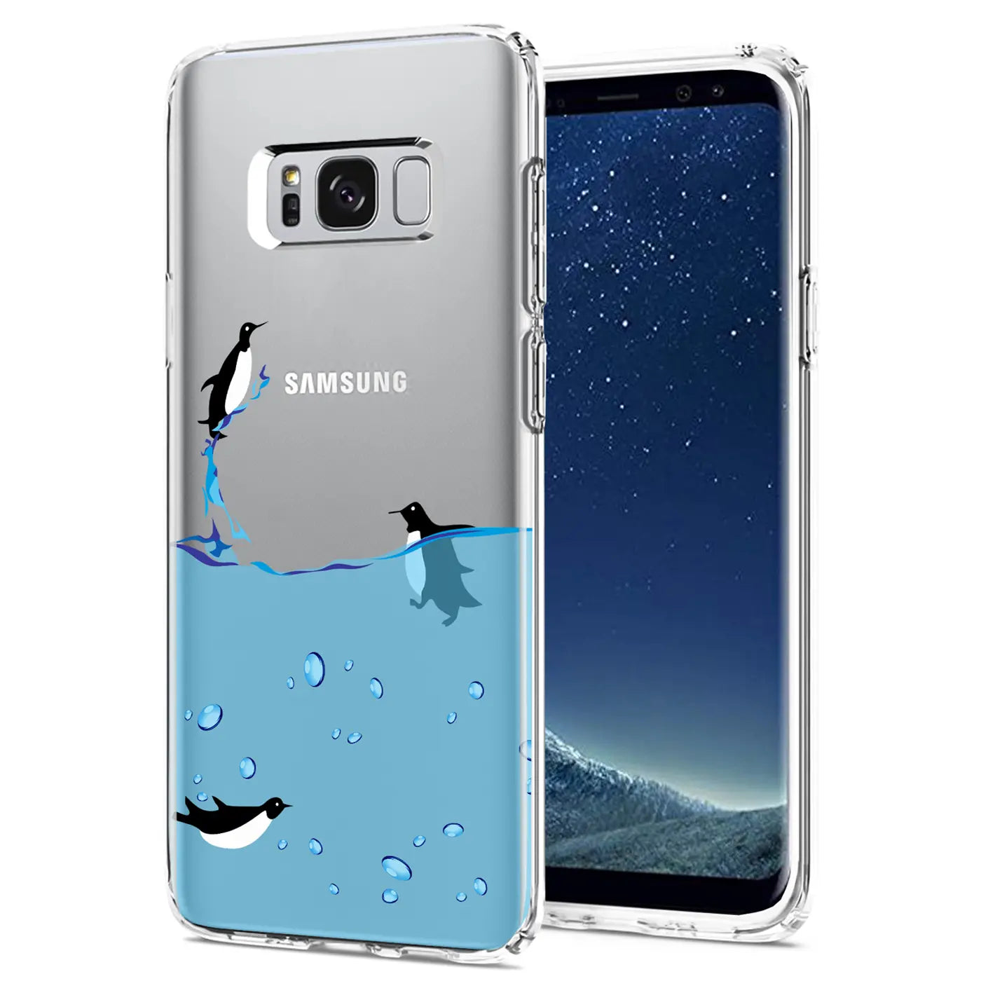 Samsung S8 Plus TPU Hülle, transparent, mit Pinguin-Motiv, von vorn