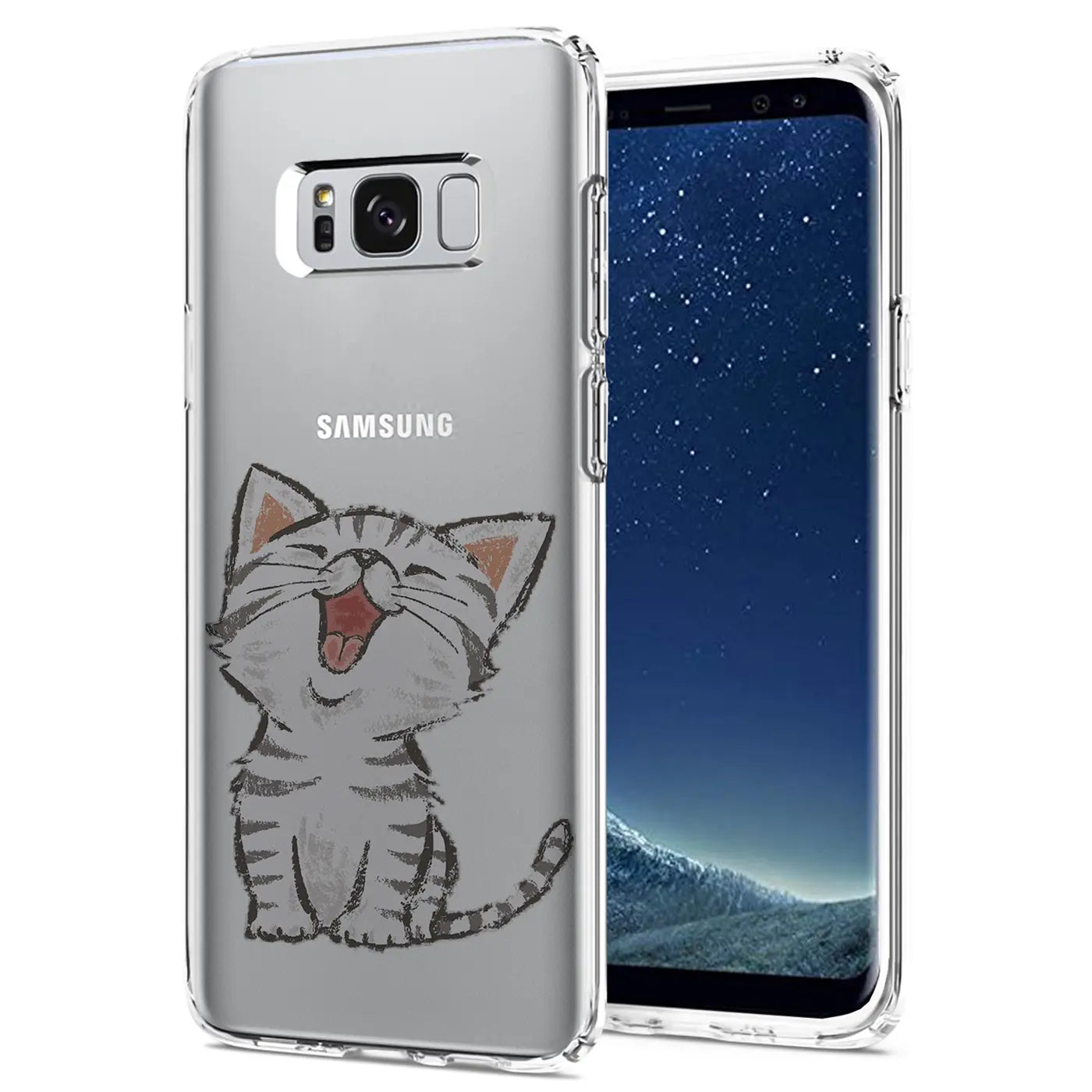 Transparente TPU-Hülle mit Katzenmotiv auf Samsung Galaxy S8 Plus, von vorne schräg
