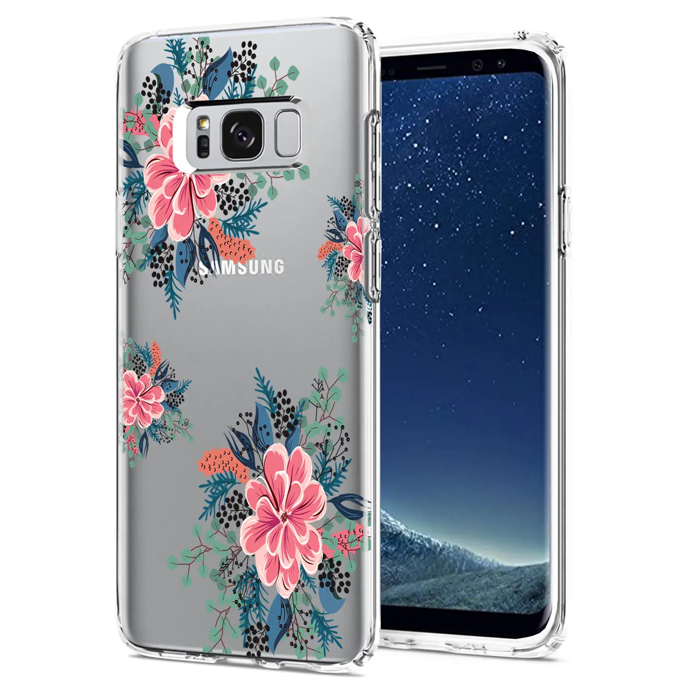 Samsung Galaxy S8 Hülle aus transparentem TPU mit Blumenmuster, von vorne leicht schräg