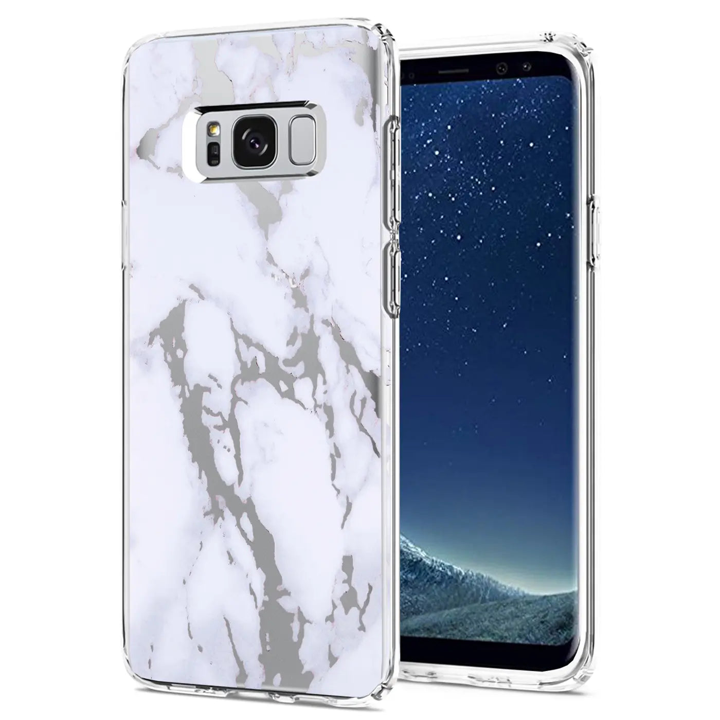 Samsung Galaxy S8 Hülle aus transparentem TPU mit Marmormuster, von vorne schräg