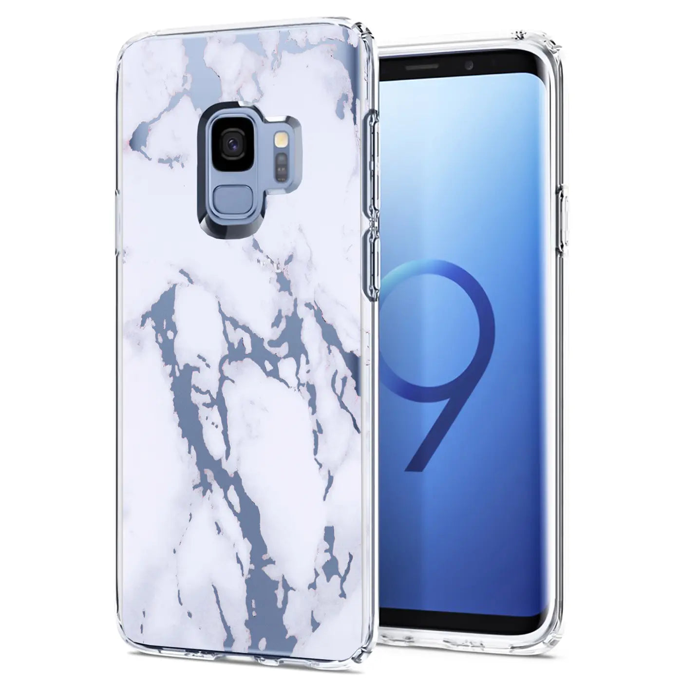 Samsung Galaxy S9 mit Marmor-TPU-Hülle, Vorderansicht.