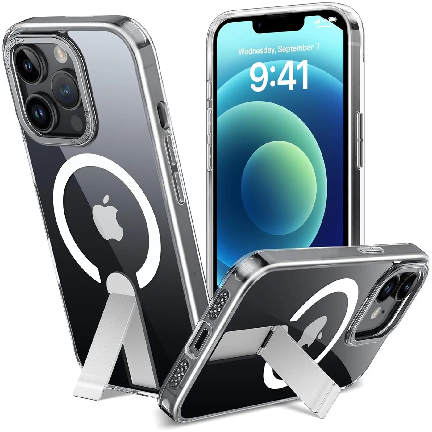 Transparente Hülle mit integriertem Ständer für iPhone 12/13 Pro Max, silberner Ständer.