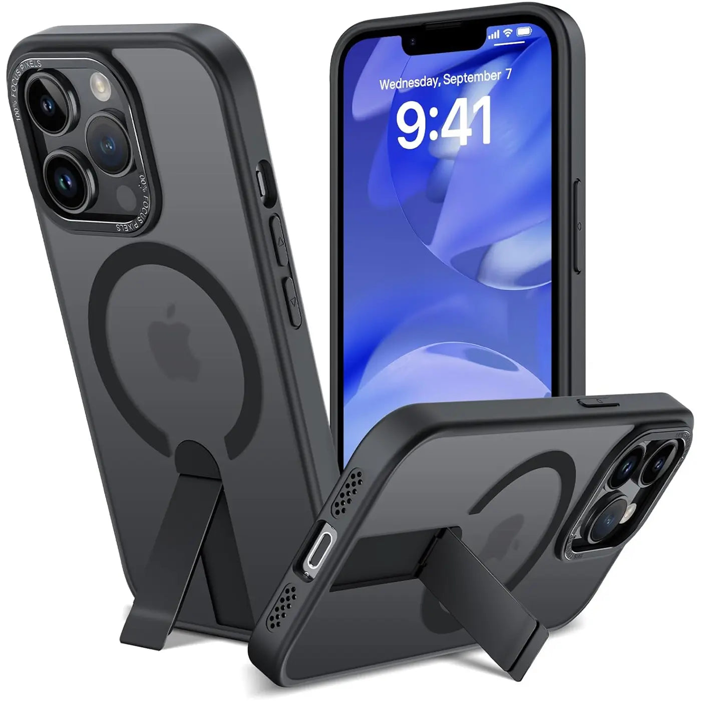 Drei schwarze iPhone 13 Pro Hüllen aus Kunststoff mit Ständer, MagSafe, aus verschiedenen Winkeln