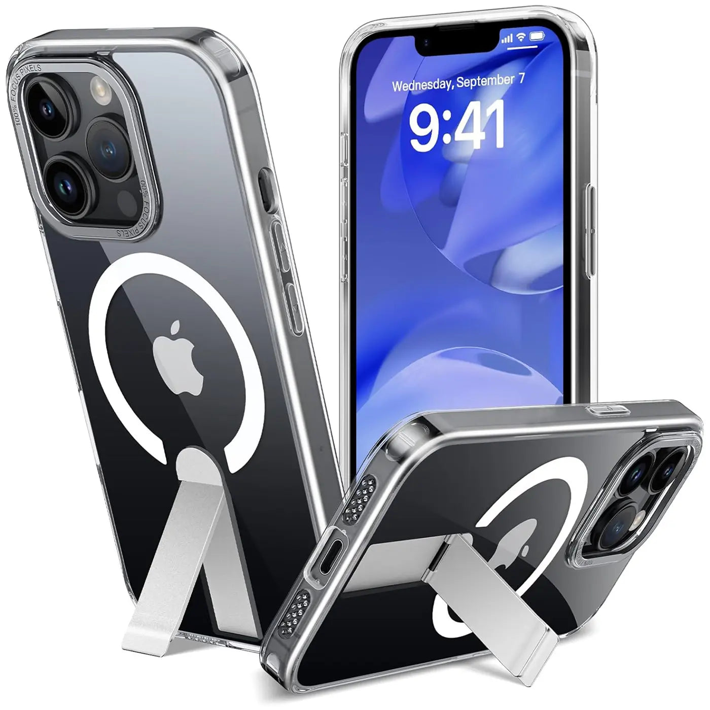 Transparente Hülle mit MagSafe-Ring und Ständer für iPhone 13 Pro. Mehrere Ansichten.