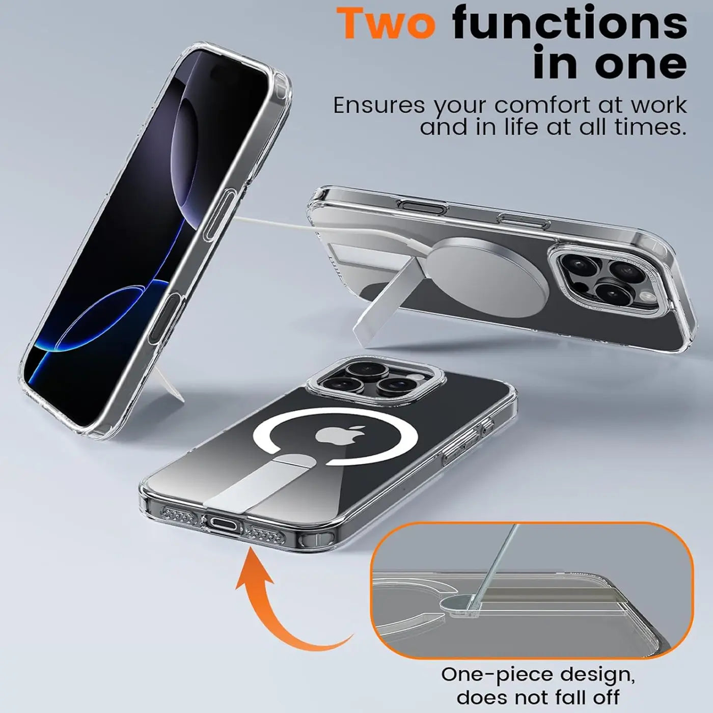 Transparente Hülle mit integriertem Ständer für iPhone 13 Pro, MagSafe-kompatibel.