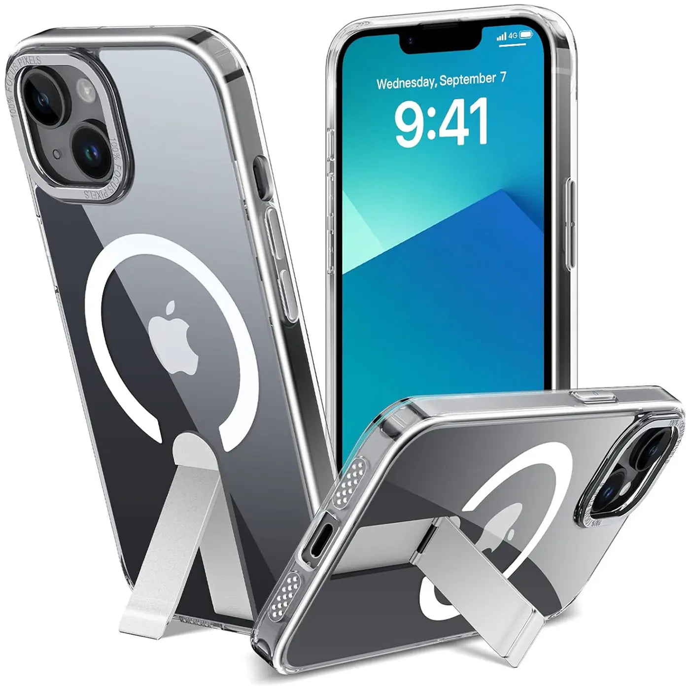 Transparente Hülle mit MagSafe-Ring und Ständer für iPhone 13/14, von schräg unten.