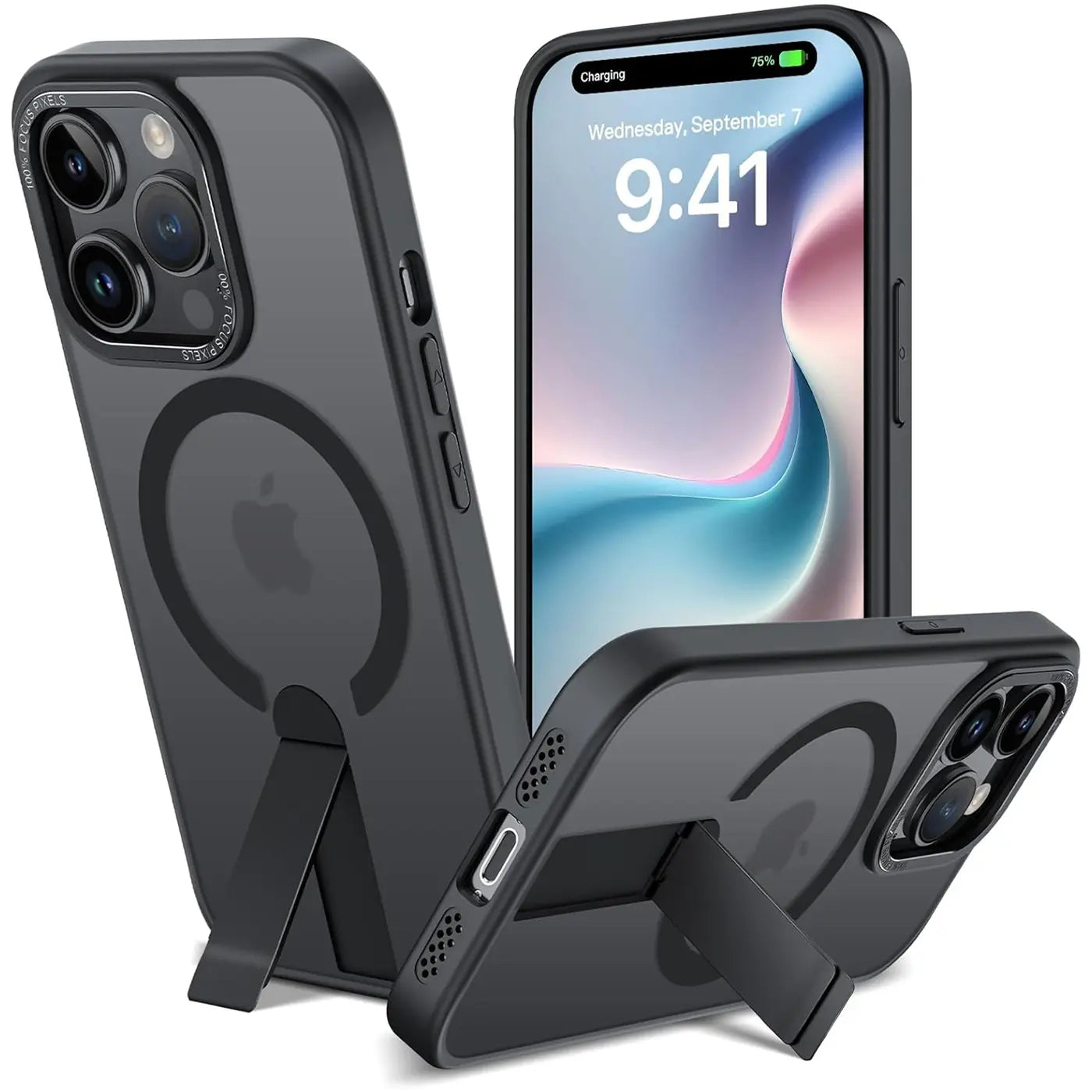 Drei schwarze iPhone 14 Pro Max Hüllen aus Kunststoff mit MagSafe und Ständer.