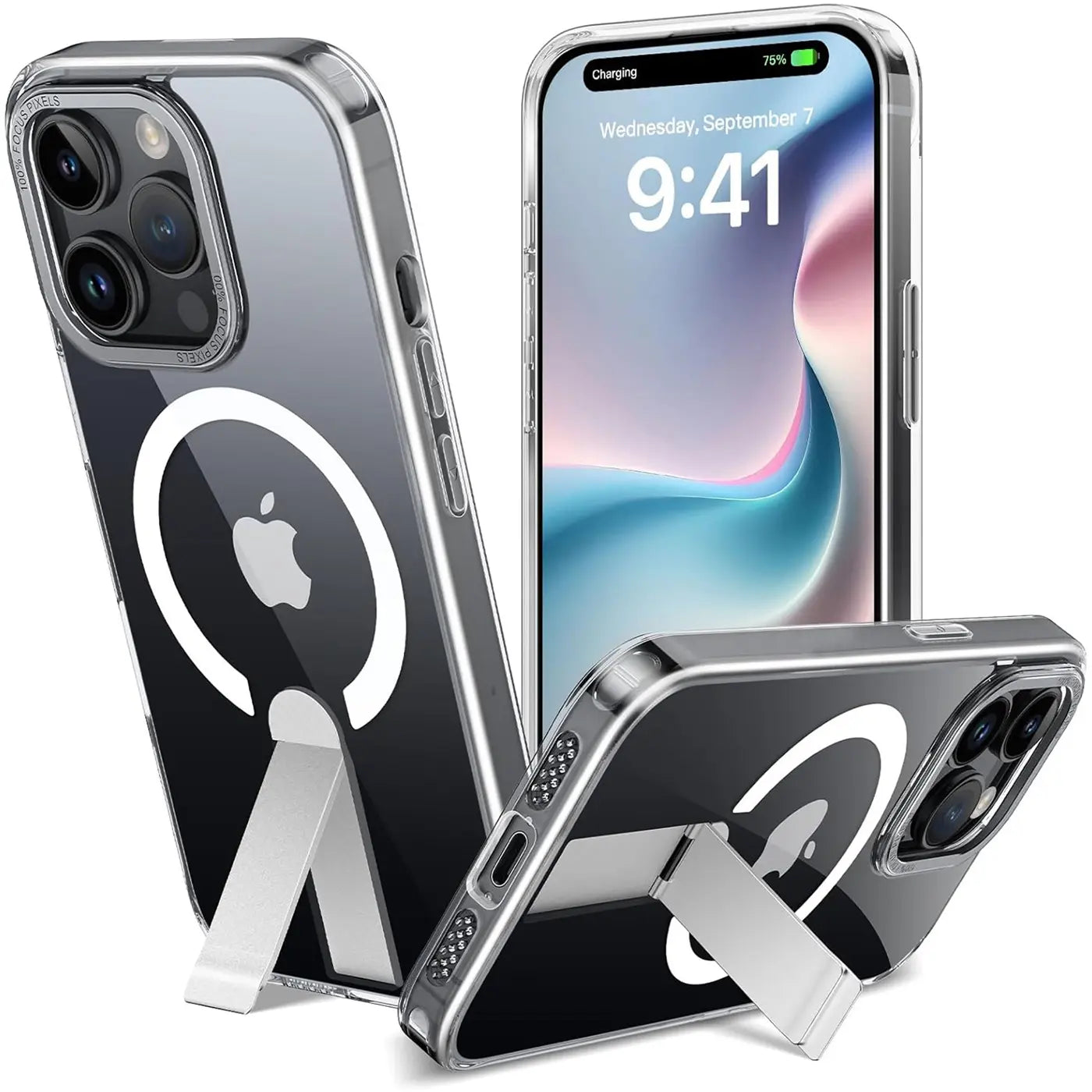 iPhone 14 Pro Hülle, transparent, mit silbernem Ständer, MagSafe, drei Ansichten