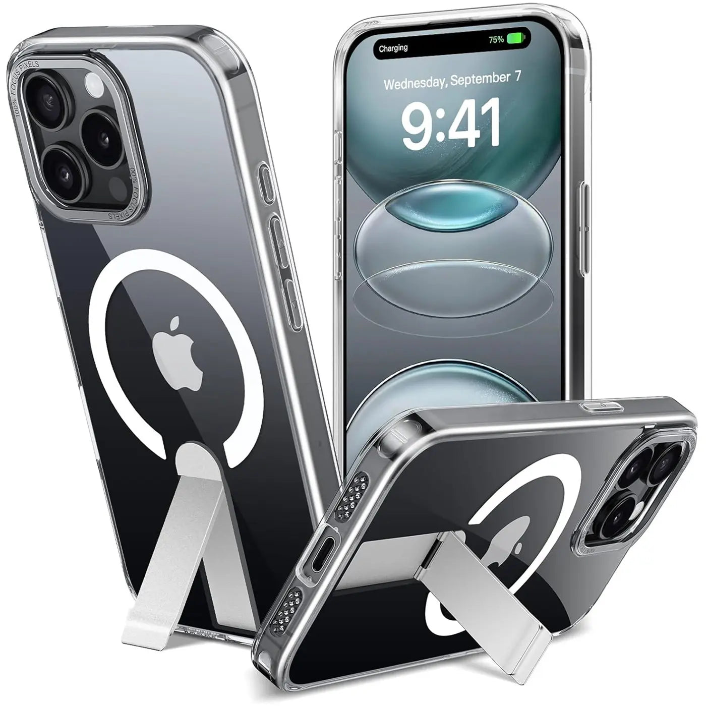Transparente Hülle mit MagSafe-Ring und Ständer für iPhone 15 Pro Max. Mehrere Winkel.