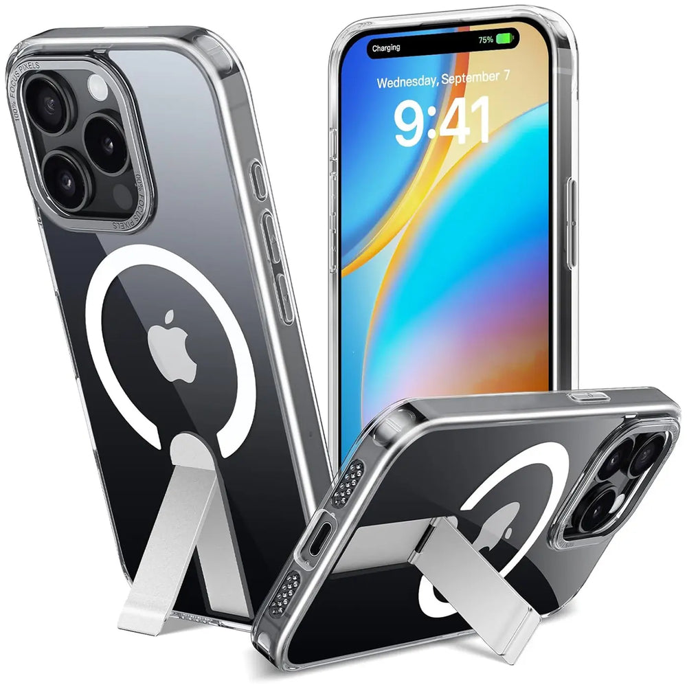 Robuste iPhone 15 Pro Hülle mit integriertem Kickstand, starkem Magnetring für MagSafe und stoßfestem Gehäuse