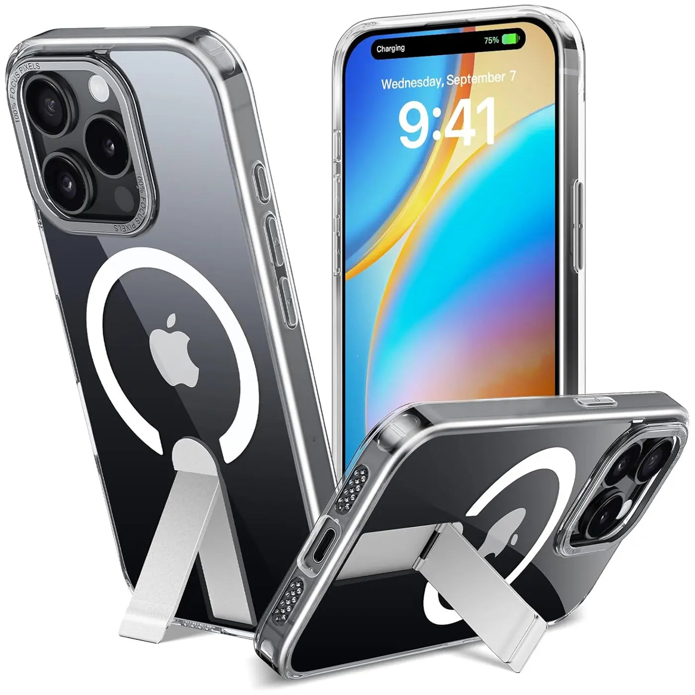 iPhone 15 Pro Hülle, transparent, mit MagSafe & Ständer, verschiedene Winkel