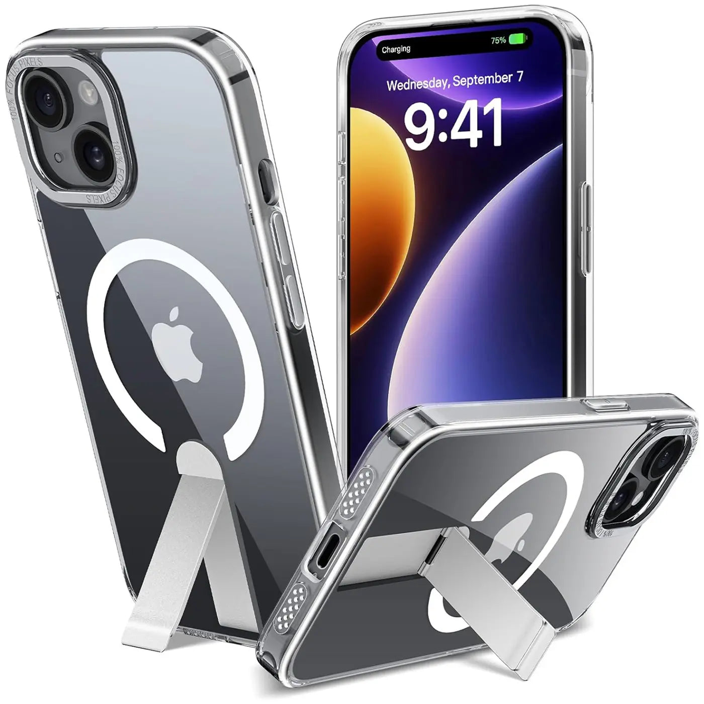 Transparente Hülle mit silbernem Ständer für iPhone 15, MagSafe, verschiedene Winkel