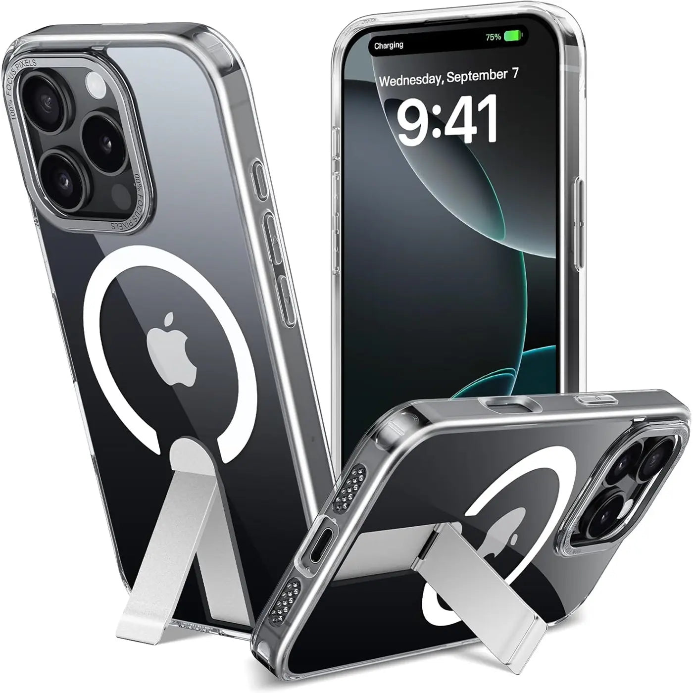 Transparente Hülle mit silbernem Ständer für iPhone 16 Pro Max, MagSafe.